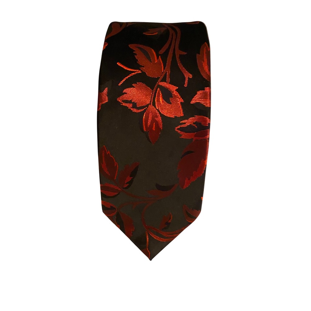 Barry Wang Mens Silk Tie Black Red Floral Leaf Jacquard Hand Tailored Necktie